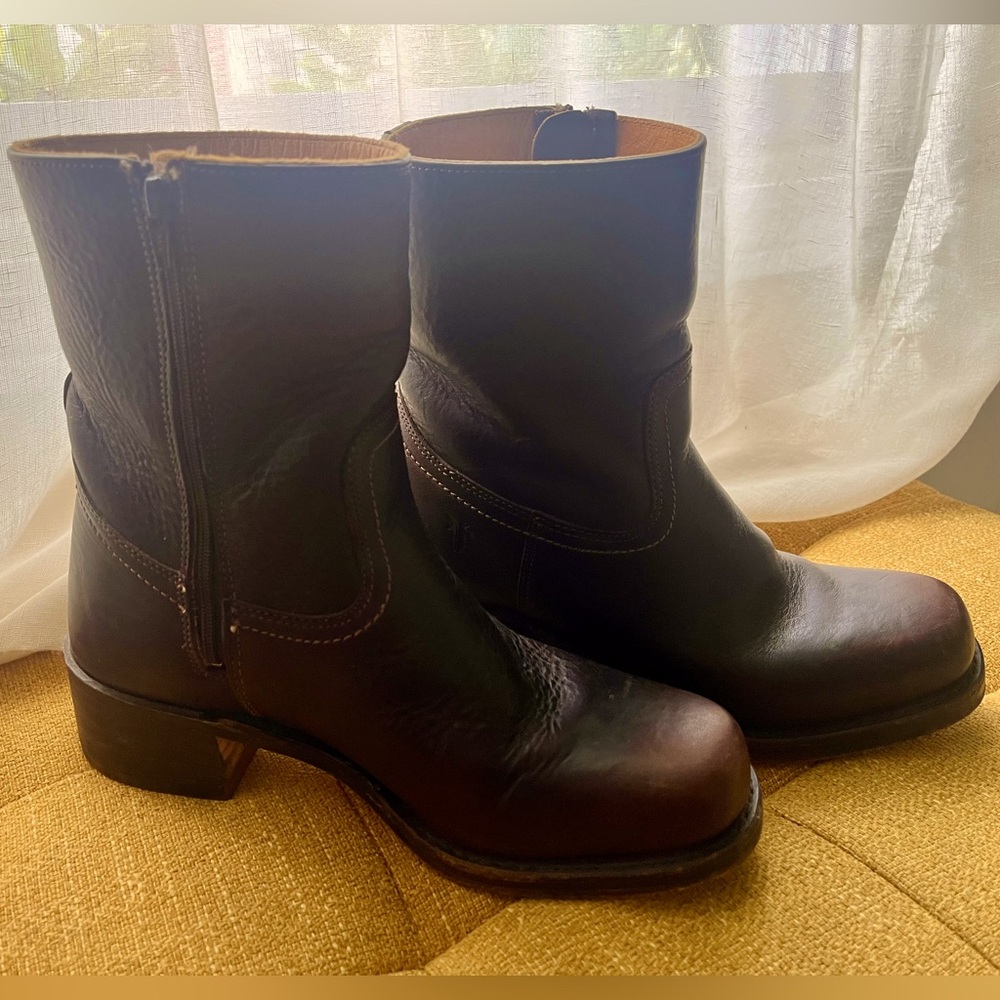 Frye Campus Short Brown Square Toe Zip Heeled Platform Ankle Boots Women’s 8.5